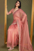 Lace Embroidered Coral Pink Sangeet Net Saree