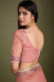 Lace Embroidered Coral Pink Sangeet Net Saree