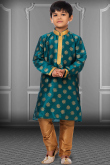 Lace Embroidered Dupion Silk Peacock Blue Boy's Kurta Pajama