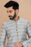 Lace Embroidered Jacquard Ash Grey Men Kurta Pajama
