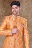 Lace Embroidered Jacquard Carrot Orange Men Sherwani