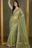 Lace Embroidered Olive Green Sangeet Net Saree