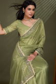 Lace Embroidered Olive Green Sangeet Net Saree