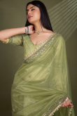 Lace Embroidered Olive Green Sangeet Net Saree