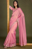 Lace Embroidered Salmon Pink Sangeet Net Saree