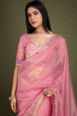 Lace Embroidered Salmon Pink Sangeet Net Saree