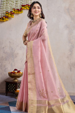 Lavender Pink Kora Silk Saree with Woven Zari Work for Diwali Wear