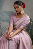 Lavender Pink Kora Silk Saree With Zari Work For Diwali