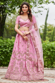 Lavender Pink Satin Silk Embroidered Panelled Style Lehenga
