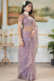 Lavender Purple Net Embroidered Fancy Saree 
