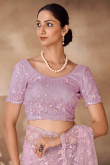 Lavender Purple Net Saree with Round Neck Stone Work Blouse