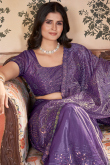 Lavender Purple Net Saree With Sequins Work For Diwali