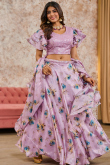 Lavender Purple Tissue Silk Floral Print A-Line Style Lehenga