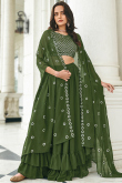 Layered Style Army Green Georgette Lehenga Choli For Mehndi 