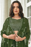 Layered Style Army Green Georgette Lehenga Choli For Mehndi 