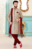 Light Beige Dupion Silk Men Sherwani With Churidar