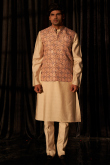 Light Beige Jacket Style Viscose Men's Plain Kurta Pajama 