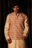 Light Beige Jacket Style Viscose Men's Plain Kurta Pajama 