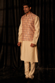 Light Beige Jacket Style Viscose Men's Plain Kurta Pajama 