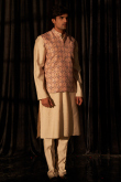 Light Beige Jacket Style Viscose Men's Plain Kurta Pajama 