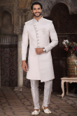 Light Beige Jacquard Weaved Thread Asymmetrical Men's Sherwani
