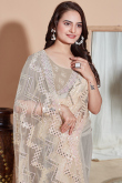 Light Beige Sequins Embroidered Net Light Weight Saree