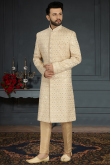 Light Beige Silk Mirror Embroidered Men Sherwani