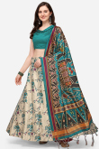 Beige Silk Lehenga with Thread Zari Work & Sea Blue Dupatta