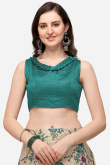 Beige Silk Lehenga with Thread Zari Work & Sea Blue Dupatta