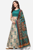 Beige Silk Lehenga with Thread Zari Work & Sea Blue Dupatta