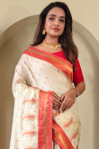 Light Beige Weaved Silk Blend Paithani Style Saree 