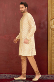 Light Biege Silk Embroidered Men's Churidar Kurta 