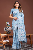 Light Blue Cotton Saree With Weaved Thread Work For Diwali
