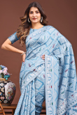 Light Blue Cotton Saree With Weaved Thread Work For Diwali
