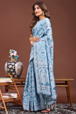 Light Blue Cotton Saree With Weaved Thread Work For Diwali