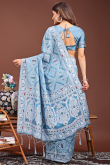 Light Blue Cotton Saree With Weaved Thread Work For Diwali