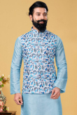 Light Blue Dupion Silk Churidar Men Kurta With Printed Jacket