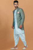Light Blue Dupion Silk Jacket Style Weaved Zari Men's Sherwani 
