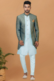Light Blue Jacket Style Dupion Silk Weaved Zari Men's Sherwani 