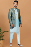 Light Blue Jacket Style Dupion Silk Weaved Zari Men's Sherwani 