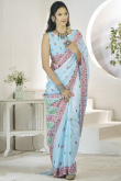 Light Blue Linen Weaved Thread Broad Border Saree 