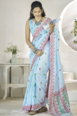 Light Blue Linen Weaved Thread Broad Border Saree 
