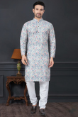 Light Blue Rayon Straight Cut Printed Men's Kurta Churidar