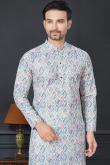 Light Blue Rayon Straight Cut Printed Men's Kurta Churidar