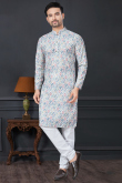 Light Blue Rayon Straight Cut Printed Men's Kurta Churidar