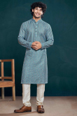 Light Blue Viscose Embroidered Straight Cut Men's Kurta Pajama 