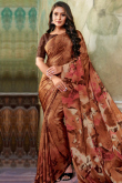 Light Brown Crepe Saree With Printed Work For Casual Wear