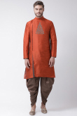 Light Brown Dupion Silk Embroidered Men's Kurta With Dhoti 