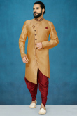 Light Brown Dupion Silk Sherwani with Beads, Cutdana & Dhoti