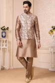 Light Brown Jacket Style Art Silk Men Kurta Pajama